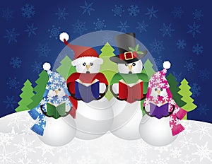 Snowman Christmas Carolers Snow Scene Illustration