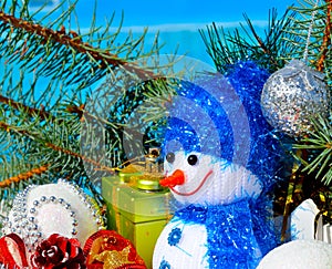 Snowman, Christmas decorations and pine branch
