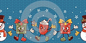 Snowman, Christmas gift, hot chocolate mug, candy cane. Cute old retro cartoon style characters dancing. Horizontal