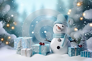 Snowman and Christmas gifts, decorations on the snow background. AI generated.