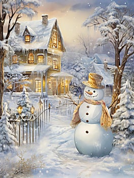 Snowman in Christmas setting watercolor painting.