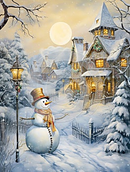 Snowman in Christmas setting watercolor painting.