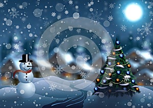 Snowman and Christmas tree on the background of a winter village