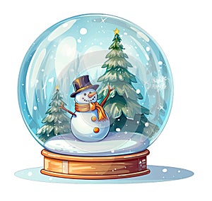 Snowman and Christmas tree cartoon style in a crystal ball sparkling, on a transparent background PNG
