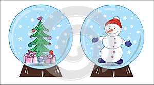 Snowman and Christmas tree in a snow globe