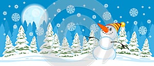 Snowman on Christmas trees background