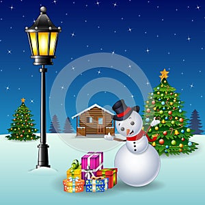 Snowman with christmas trees and gift boxes at night background