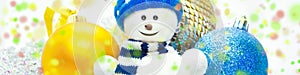 Snowman, christmass balls and colorful confetti