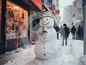 snowman in the city acanthus shop window decorated for Christmas