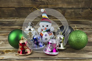 Snowman and colorful Christmas toys