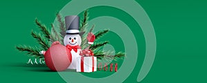 Snowman cute 3d character with Christmas decoration on green background. Merry Christmas and Happy new year concept 3d render