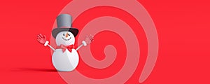 Snowman cute 3d character on red background. Merry Christmas and Happy new year concept 3d render