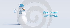 Snowman cute 3d character on white background. Merry Christmas and Happy new year greeting card 3d render