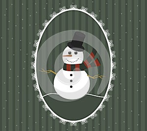 Snowman in a cylindrical hat and a scarf in openwork frame. Christmas background