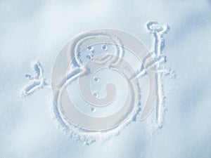Snowman drawing in snow, winter and nature for art, cold weather and Christmas holiday creativity. Icon, symbol and sign