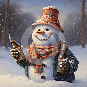 Snowman drinking beer, friendly face. Winter scene. Holding two beers to share with friends