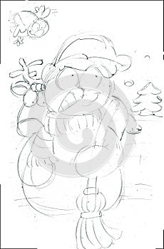 Snowman with elk behind,sketches and pencil sketches and doodles