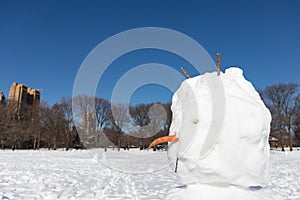 Snowman Face with a Carrot Nose on the Sheep Meadow at Central Park in New York City during the Winter