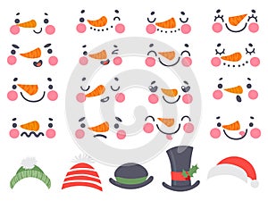 Snowman faces. Cute christmas snowmen heads with carrot nose, eyes and mouths. Happy new year 2021 and winter holidays