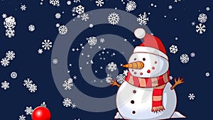 snowman with with falling snow, Christmas bowls and gift