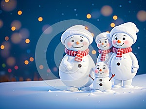 Snowman family having a happy Christmas beyond imagination, cartoon fantasy