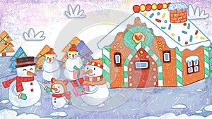 Snowman Family Outside of a Gingerbread House. Winter Christmas Holiday Season Crayon Drawing and Doodling