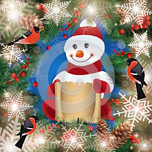 Snowman with festive winter background