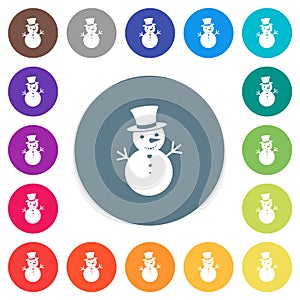 Snowman flat white icons on round color backgrounds