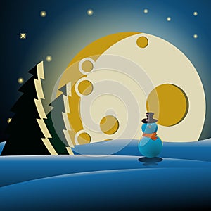 Snowman in the forest at night