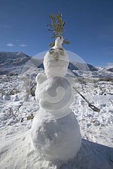 Snowman in fresh snowfall along Highway 33 north of Ojai, California