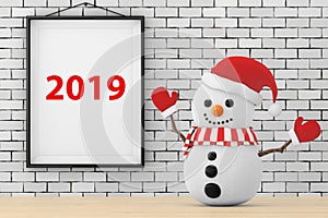 Snowman in front of Brick Wall with Frame 2019 Sign. 3d Rendering