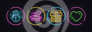 Snowman, Gift box and Honeymoon travel minimal line icons. For web application, printing. Neon laser 3d lights. Vector