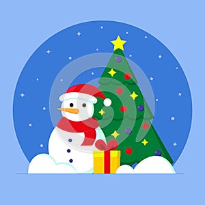Snowman with a gift and a decorated Christmas tree