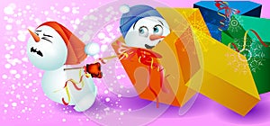 Snowman and gifts. Cute illustrations, background for christmas and new year