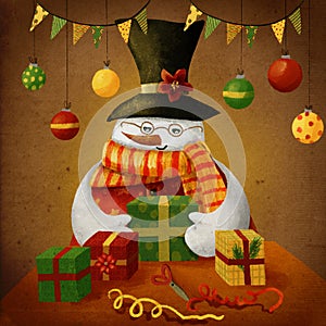 Snowman with gifts, scissors and flags.