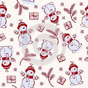 Snowman, gifts, snowflakes and pine branches seamless background. Seasonal greetings vector illustration.