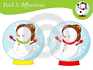 Snowman in glass ball. Find the differences educational children game. Kids activity fun page. Christmas, New Year theme