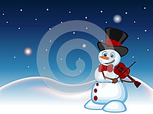 Snowman with hat and bow ties playing the violin with star, sky and snow hill background for your design vector illustration