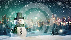 Snowman in a hat and green scarf on a background of night city