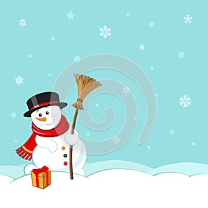 Snowman with hat, scarf and broom on winter landscape background