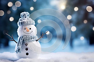 Snowman in Hat and Scarf with Carrot Nose in Soft Snowfall. Merry Christmas and Happy New Year Greeting Card. AI Generative