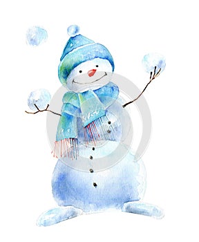 Snowman in hat and scarf plays snowballs photo