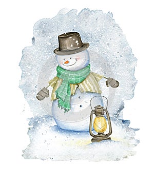 Snowman with hat, scarf, street oil lamp and mittens on winter snow background