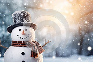 Snowman in hat and scarf in winter forest. Christmas background, Panoramic view of happy snowman in winter secenery with copy