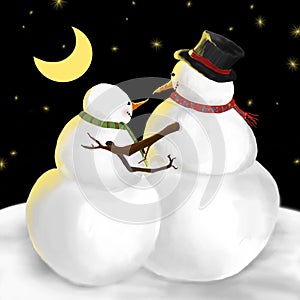 Snowman and his girl in funny winter illustration