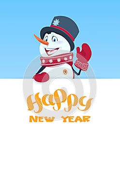 Snowman Holding Banner With Happy New Year Lettering Holiday Decorartion