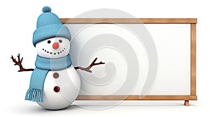 a snowman holding a blank signboard against a white backdrop. an ideal canvas for adding custom messages, whether they