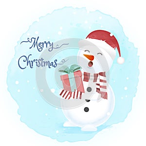 Snowman holding gift box cartoon hand drawn illustration