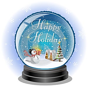 Snowman holding a gift box in snow globe