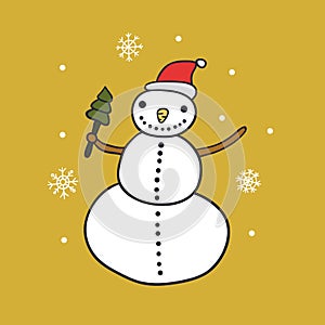 Snowman holding lollypop flat color vector image on yellow